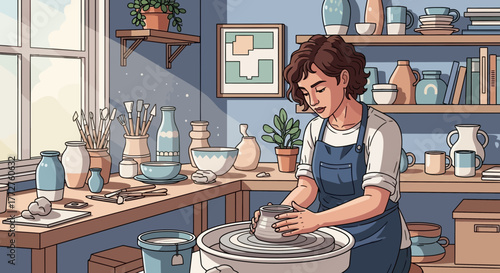 Woman shaping clay on pottery wheel in workshop filled with ceramics and art supplies, concept for creative hobby, traditional craft and artisan skill