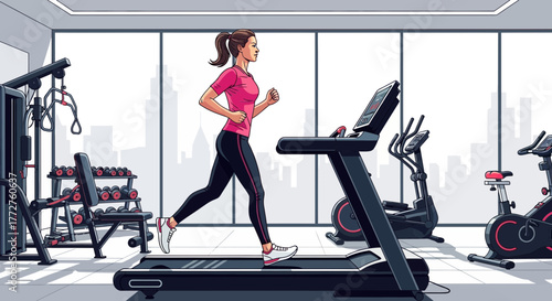 Woman in pink shirt running on treadmill in gym setting with city view, concept for fitness promotion, health content and active lifestyle advertising