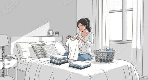 Illustration of a woman folding laundry on a bed in a bright room, concept for housekeeping service, domestic chores and relaxation at home