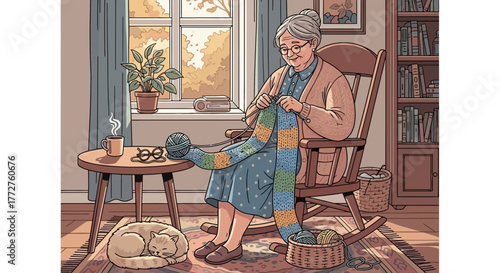 Illustration of an elderly woman knitting in a cozy room with a cat sleeping nearby, concept for relaxation visuals, home decor inspiration and generational connection themes