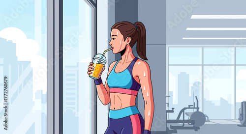 Athletic woman drinks orange juice after workout near window with city view, concept for healthy lifestyle, fitness goals and refreshment after exercise