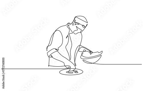 Continuous one line drawing of Chef cooking big meal food isolated on transparent background. Editable stroke