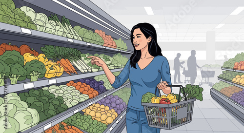 Woman chooses vegetables in supermarket aisle, holding basket full of fresh produce, concept for healthy eating, grocery shopping and culinary inspiration