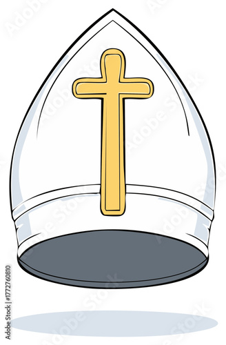 White ceremonial mitre headdress with prominent golden Christian cross symbol