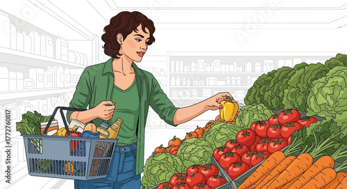 Young woman selecting fresh yellow bell pepper at a grocery store with basket full of groceries, concept for healthy eating, balanced diet and food shopping