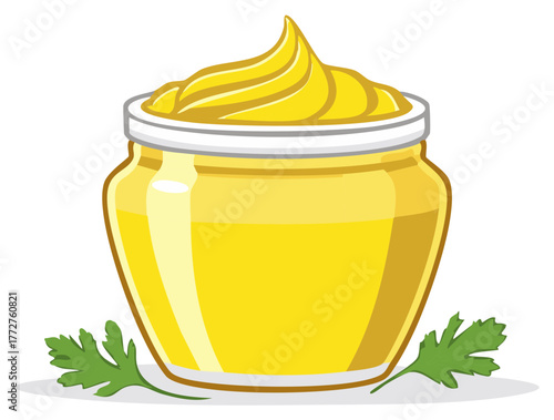 Jar of fresh mayonnaise with parsley leaves. Cartoon illustration