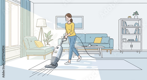 Woman vacuuming the carpet in modern living room with minimalist furniture and decor, concept for home improvement, interior design and lifestyle illustration