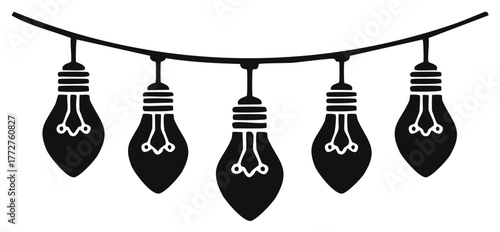 Hanging string of party light bulbs, black silhouette vector icon for decoration