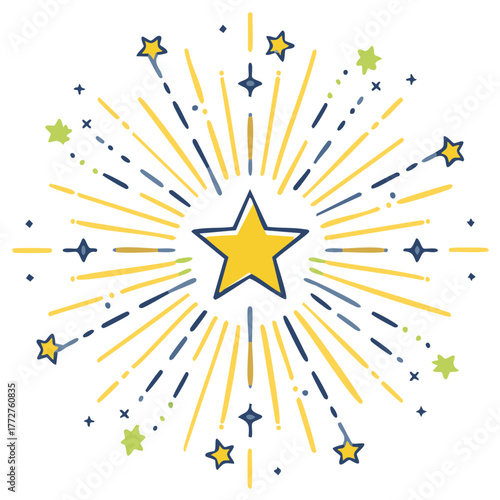 Hand drawn starburst doodle with a central yellow star and radiating lines