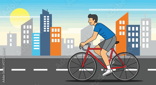 Man riding a red bicycle on road with city buildings silhouette in background, concept for urban commuting, healthy lifestyle and environmental awareness