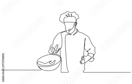 Continuous one line drawing of Chef cooking big meal food isolated on transparent background. Editable stroke
