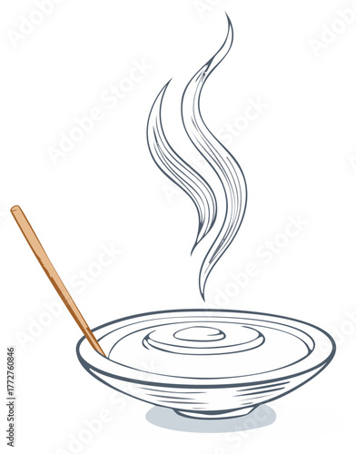 Burning incense stick in a ceramic holder with wisps of smoke sketch illustration