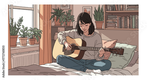 Illustration of a young woman playing guitar on a bed in a cozy room with plants and books, concept for relaxation, creative hobby and musical inspiration