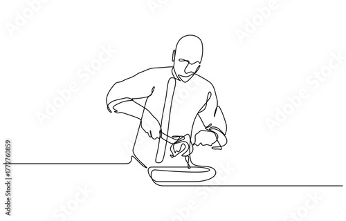 Continuous one line drawing of Chef cooking big meal food isolated on transparent background. Editable stroke
