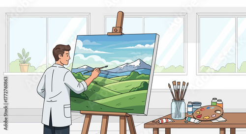 Male artist painting landscape on canvas with easel in studio with window light, concept for art therapy, creative hobby and artistic expression