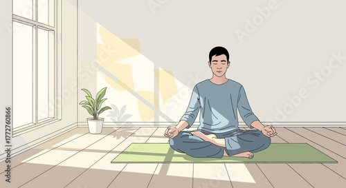 A man meditates cross-legged on a green mat in a sunlit room, indoor plant next to a window. Concept for wellness, mindfulness and meditation practice