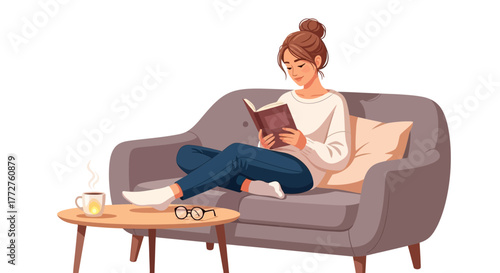Young woman reading a book on the sofa with coffee and glasses on the table, concept for relaxation at home, leisure time and lifestyle advertising