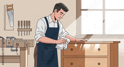Man wiping a wooden cabinet with a cloth in a workshop setting with visible tools, concept for furniture restoration, home improvement and artisan craftsmanship