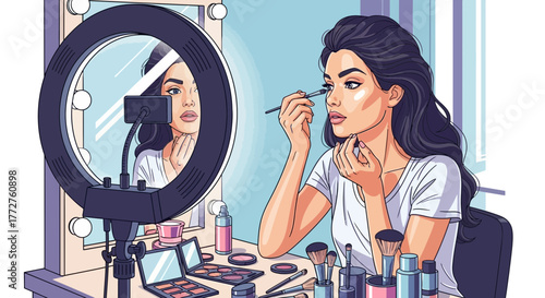 Attractive woman applying makeup with ring light and smartphone for video, concept for beauty tutorials, social media content and cosmetic product reviews