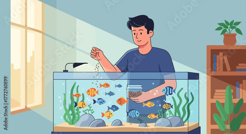 A man is feeding fish in a home aquarium decorated with plants and stones, concept for pet care, relaxing hobbies and domestic lifestyle