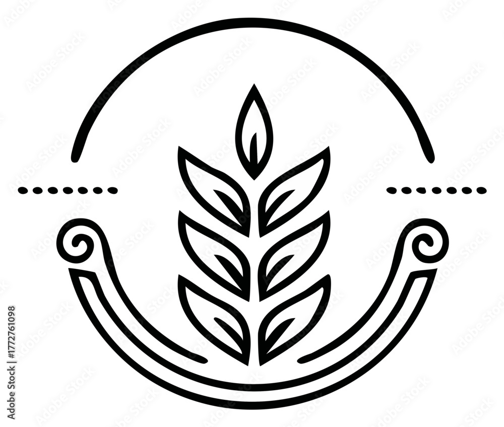 Fototapeta premium Stylized Wheat Ear Emblem with Decorative Scroll Frame Line Art Illustration