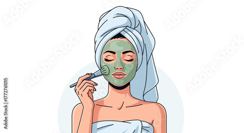Woman applying a green clay mask on her face with a brush, towel on head, concept for beauty treatment, wellness routine and skincare product promotion