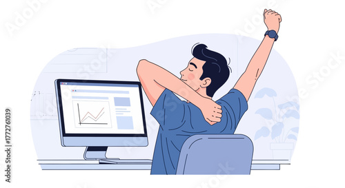 Man stretching at desk with rising graph displayed on the computer screen in a modern office, concept for wellness program, remote working and ergonomic office setup