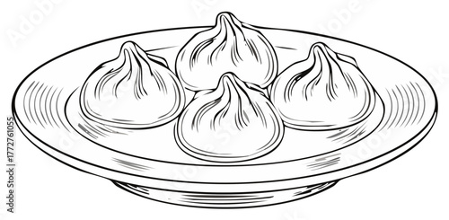 Hand drawn sketch of four delicious dumplings arranged on a serving plate with a textured rim