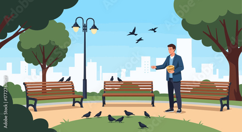 Man feeding flock of birds in a city park with bench and trees against urban skyline, concept for outdoor activity, environmental awareness and avian protection
