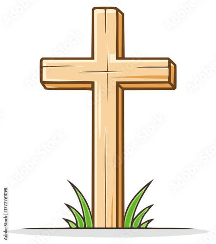 Simple Wooden Cross Symbol Standing in Green Grass Illustration