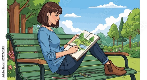 Illustration of a woman sketching a landscape in a notebook while sitting on a park bench, concept for art therapy, creative pursuits and relaxation in nature
