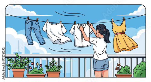 A young woman hangs clothes on a clothesline on the balcony with blue sky view, concept for household chores, garment care and domestic routine
