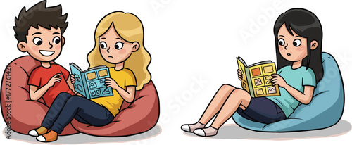 Children reading comics, kids on bean bags, comic book fun, indoor activity, relaxed learning, storytelling time, colorful pages, happy readers