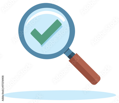 Magnifying glass with green checkmark for successful search and validation