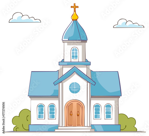 Illustration of a Cartoon Style Church with Gold Cross, Blue Roof and Clouds