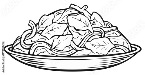 Line Art Illustration of Spaghetti with Fresh Spinach on a Plate Ready to Enjoy. Simple, elegant monochrome drawing