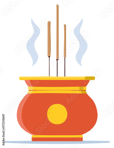 Incense Sticks Burning in Red and Yellow Incense Burner with Rising Smoke