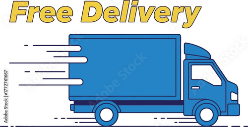 A blue delivery truck with 'Free Delivery' text is speeding along a road.