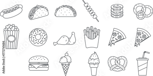A collection of various fast food icons are depicted in a simple outline style.