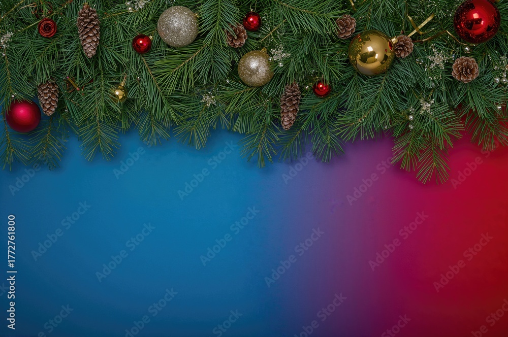 Fototapeta premium Overhead shot of pine branches with cones and festive ornaments on a vibrant blue and red backdrop