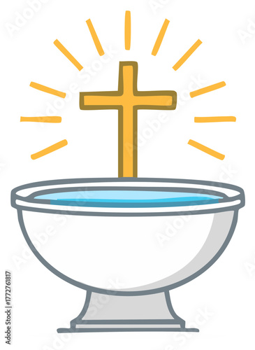 Golden Christian Cross Above Holy Water Font with Radiant Light
