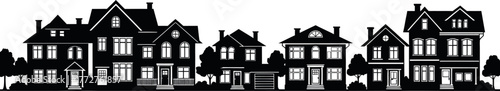 A row of silhouetted houses with trees in front on a white background.
