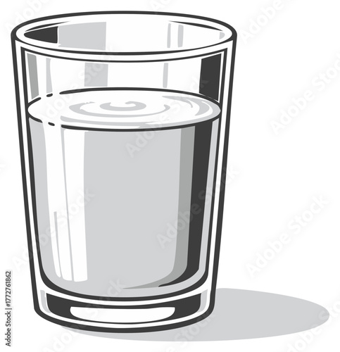 Illustration of a clear glass filled with liquid for beverage consumption in monochrome