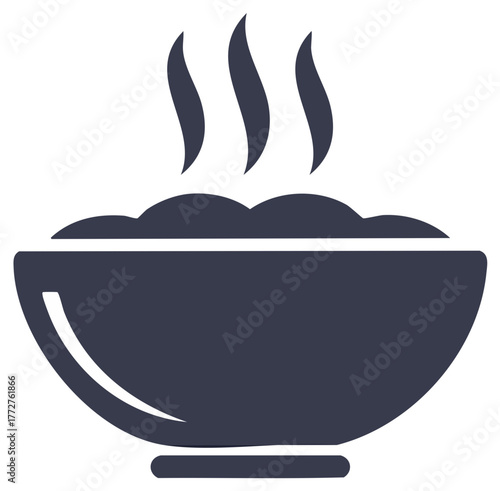 Dark gray silhouette icon of a steaming hot bowl of soup or porridge for a meal