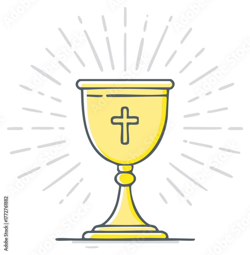 Golden Chalice Featuring Cross with Radiating Light for Religious Illustration