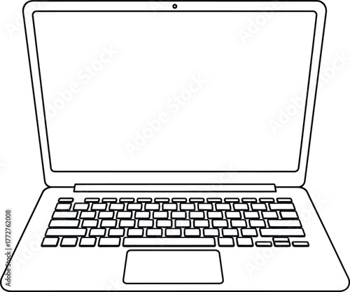 A simple line drawing of an open laptop with a blank screen and keyboard.
