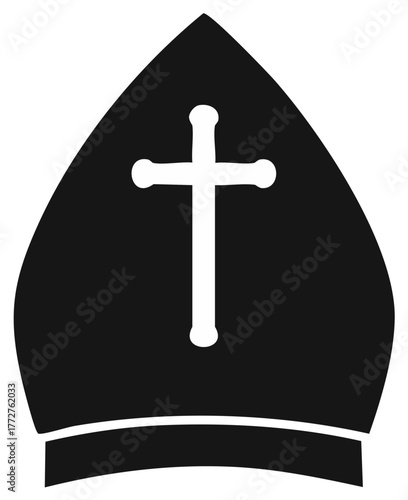 Christian bishop mitre hat with cross symbol black and white vector icon
