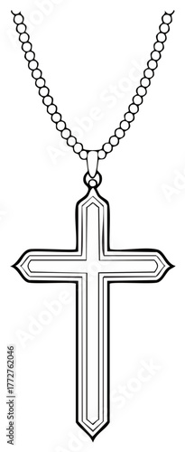 Delicate necklace pendant featuring a black outline of a cross and beaded chain is gracefully suspended above a clean white background.