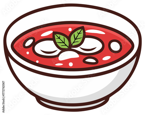 Simple cartoon illustration of a bowl of hot tomato soup with mozzarella and basil garnish