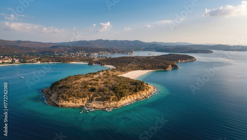 Fototapeta Naklejka Na Ścianę i Meble -  Aerial perspective of sandy shores on Rab Island, popular beach destination, seasonal tourism